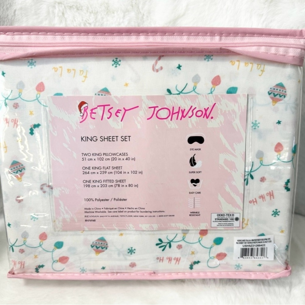 *NEW* Betsey Johnson White and Pink 5-Piece King Sheet Set with Bonus Eye Mask - Picture 6 of 6